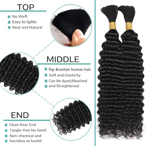 Human Braiding Hair for Boho Braids 24 Inch 110g Deep Wave Bulk Human Hair for Braiding No Weft 12A Curly Human Hair Extensions for Boho Braids 2 Bundle Wet and Wavy Human Hair