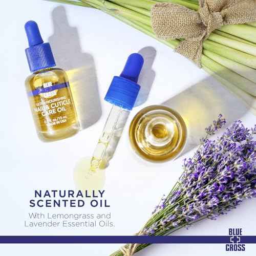 Blue Cross Professional Nail Care, All Natural Mineral Oil Free, Ultra-Nourishing, Hydrating, Moisturizing Nail & Cuticle Oil, Lemongrass + Lavender Scented Essential Oils, Made in USA, 0.5 fl oz/15mL
