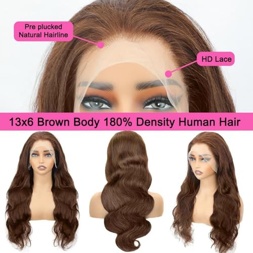 14 Inch Chocolate Brown Lace Front Wig Human Hair 180 Density 13x6 Body Wave Lace Front Wigs Human Hair Pre Plucked Colored Frontal Wigs Human Hair Brown Wig Human Hair Wigs for Women