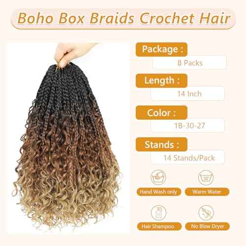 8 Packs Goddess Box Braids Crochet Hair for Black Women -14 Inch Crochet Braids Hair Bohomian Box Braid Crochet Hair Synthetic Braiding Hair (1B/30/27)