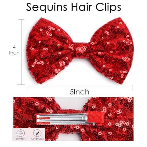 KISZU Large 5 Inch Glitter Hair Bows Clips, Sparkling Sequin Big Bow HairPins for Baby Girls Children Teens and Women (Red)