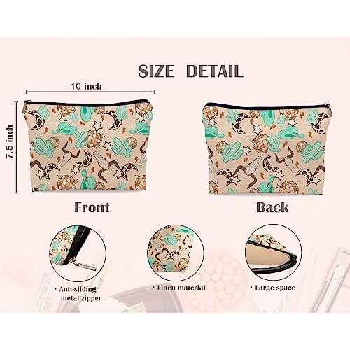 Retro Western Country Turquoise Cowboy Cowgirl Makeup Bag Bull Skull Cactus Disco Ball Makeupbags Cosmetic Bag Zipper Pouch Toiletry Bags,Gifts for Teen Girls Women Western Cowgirl