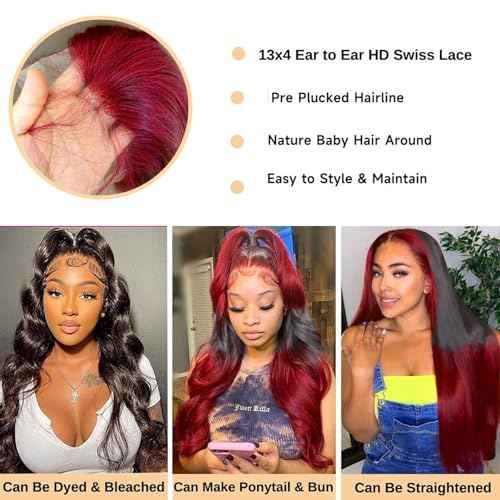 Goldfinch Highlight Red Lace Front Wig Human Hair Body Wave 13x4 HD Lace Ombre Hot Red Wigs Human Hair For Women Pre Plucked Red and Black Color Glueless Wig 150% Density 22 Inch