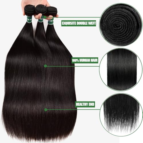 Straight Bundles Human Hair 18 20 22 Inch Straight Human Hair Weave 3 Bundles Silky Hair Bundles 10A 100% Unprocessed Brazilian Virgin Hair Bundles Deals Natural Black Bundles