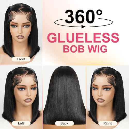 Bob Glueless Wigs Human Hair Pre Plucked Pre Cut 14 Inch 9x6 HD Lace Closure Wig Short Bob Glueless Wigs Human Hair Black Straight Wig Human Hair Wear and Go 200% Density for Women