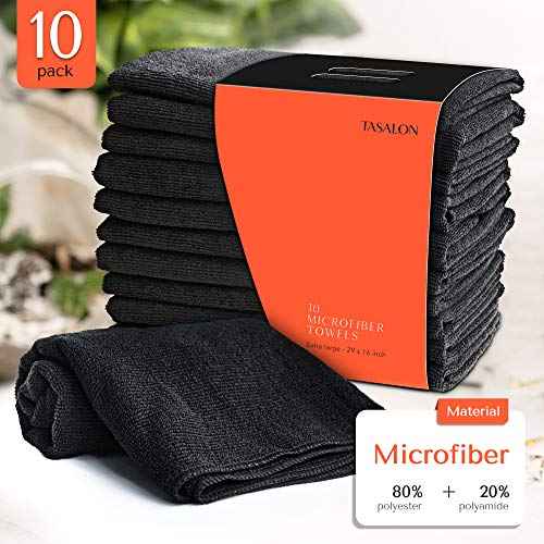 TASALON Microfiber Hair Towel for Salon - 10 Pack - 29 x 16 Inches, Quick Dry and Ultra-Soft Facial Towels with Soft Absorbant - Black