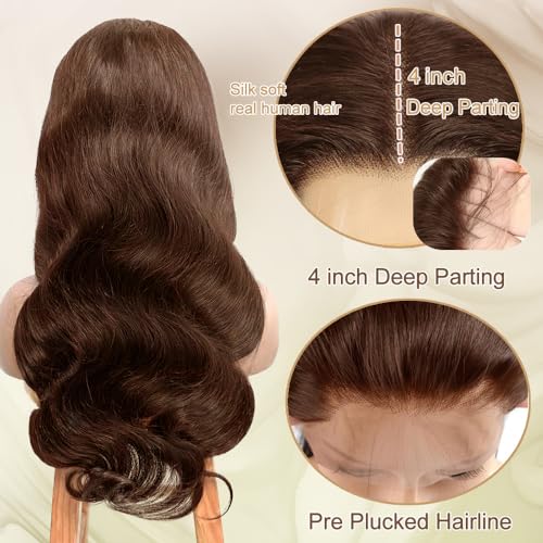 XZZ 32 Inch Chocolate Brown Lace Front Wig Human Hair 13X4 HD Lace Closure Dark Brown Human Hair Wig #4 Brown Body Wave 200% Density Virgin Pre Plucked with Baby Hair for Women