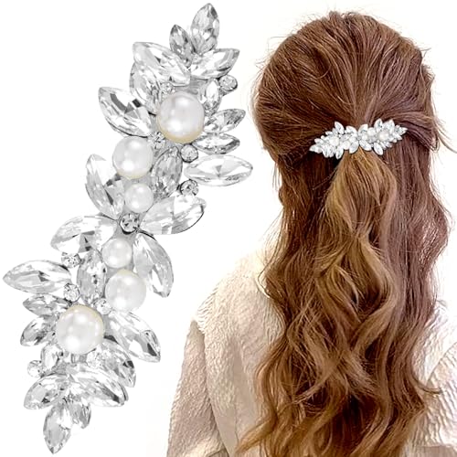 Rhinestone Pearl Barrettes, Crystal Hair Clips for Weddings, Silver French Barrette Clips for Women Thick Long Hair, Sparkly Hair Pins for Bridal Brides Wedding (1PCS)