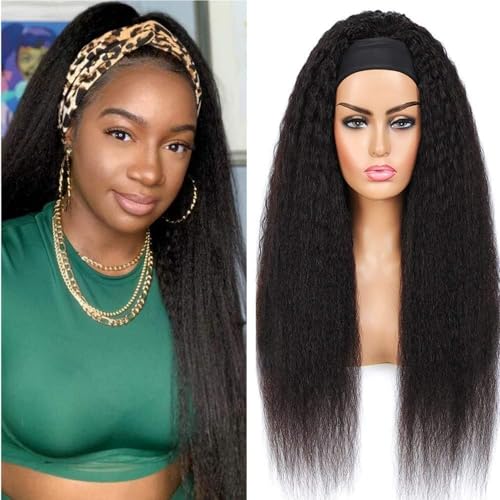 Zealady Human Hair Headband Wig For Black Women Kinky Straight Headband Wig 12A 180 Density Yaki Straight Human Hair Wigs With Headband Attached Half Wig 16 Inch