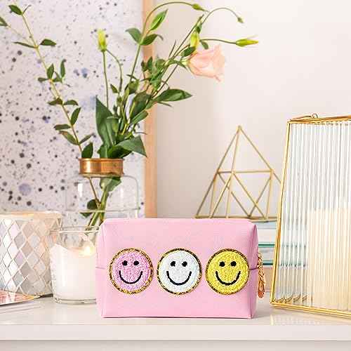 Preppy Smile Cosmetic Toiletry Bag - Pink Patch Varsity Makeup Bag with Zipper Aesthetic Waterproof Portable PU Leather Spring Travel Office Birthday Party Gifts for Women Teens