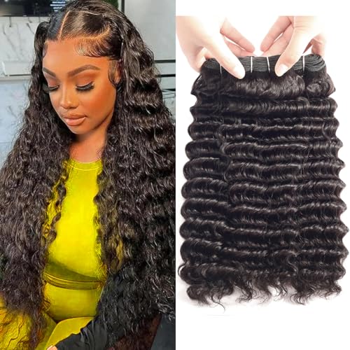 Deep Wave Human Hair Bundles 12 14 16 Inch 100% Unprocessed Short Brazilian Curly Bundles Human Hair Natural Black Color for Women