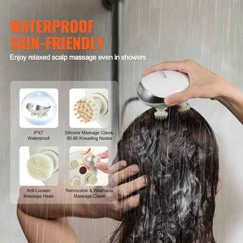 VEVOR Electric Scalp Massager with Heat, Rechargeable Heated Head Massager, IPX7 Waterproof | Portable Kneading Scalp Scratcher with 8 Removable Massage Head for Hair Growth, Deep Clean, Stress Relax