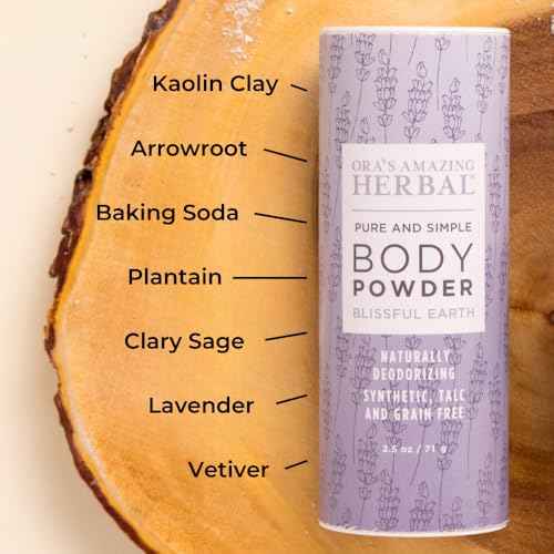 Ora's Amazing Herbal Talc Free Body Powder for Women, Cornstarch Free Talcum Dusting, Grounding Relaxation Scent, Essential Oils Lavender, Vetiver, Clary Sage, Blissful Earth 2.5 oz