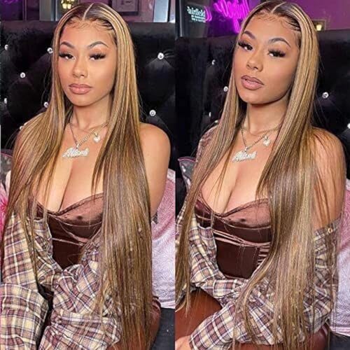 Highlight 13x4 HD Lace Front Wigs Human Hair 4/27 Honey Blonde Straight Transparent Lace Front Wigs Pre Plucked 12A Ombre Wigs Human Hair for Women 180% Density 22 Inch
