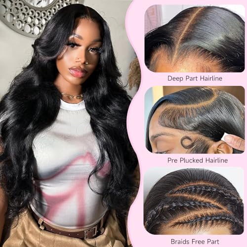 13x6 Lace Front Wigs Human Hair 200 Density Full Real Virgin Human Hair Wig Invisilbe Hairline Tiny Knots Body Wave HD Lace Frontal Wigs Pre Plucked Natural Black 20 Inch
