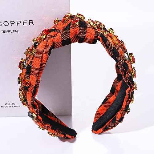 Halloween Headband for Women Rhinestone Crystal Knotted Headband Embellished Orange Black Plaid Top Knot Hairband Gothic Spooky Hair Accessories Outfits Costume Party Gifts (Halloween 1)