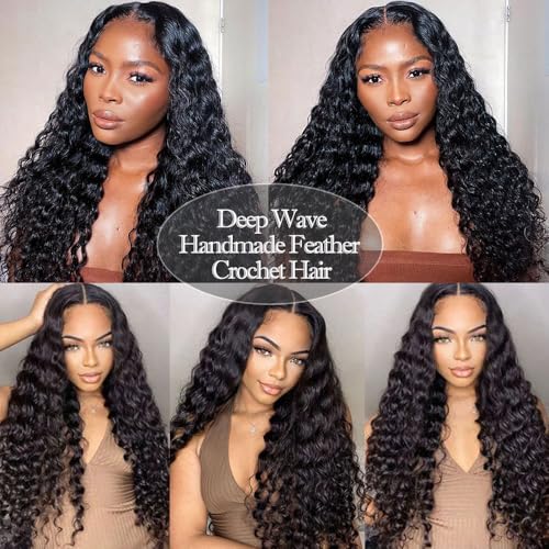 Knotless Pre Separated Deep Wave Crochet Human Hair Feather 100% Raw Real Hair Extensions for Braiding Feather Line Human Crochet Deep Wave Curly Hair Extensions With String 18inch 60g