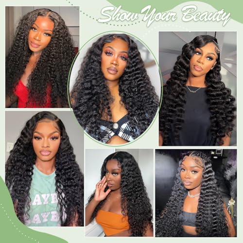 26 Inch Deep Wave Lace Front Wigs Human Hair, 13x4 HD Curly Lace Front Human Hair Wet Wavy Waterwave Glueless Frontal Deep Wave Wig for Women, Pre Plucked, 180 Density, Average Cap, Tangle Free