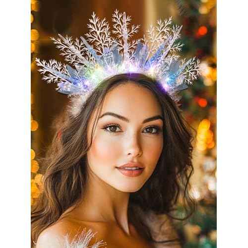 Woeoe Christmas Light up Headband LED Snowflake Hair Hoop Icicle Sparkly Glowing Xmas Headpiece Holiday Party Costume Hair Band for Women and Girls