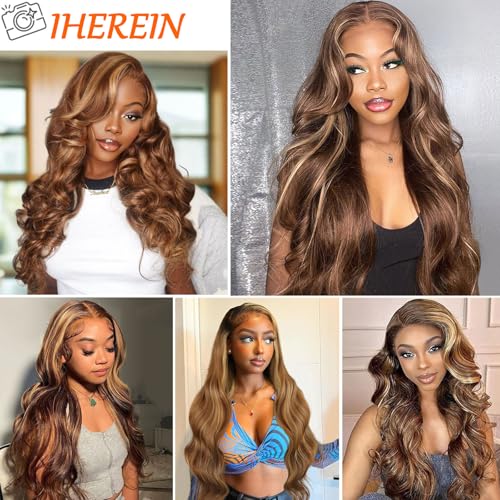 13x6 Honey Blonde Highlight Wig Human Hair Ombre Lace Front Wig P4/27 Body Wave Highlight Lace Front Wig Glueless Pre Plucked Bleached Knots Hd Lace Frontal Wigs Colored 22 Inch 180% Density