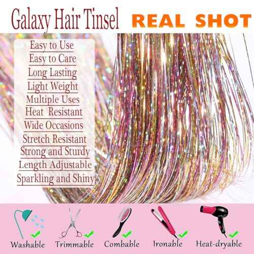 Galaxy Brown Hair Tinsel Kit, Mixed Colors Fairy Hair,Colorful Glitter Tinsel Hair Highlights for Kids Women Girls (Galaxy+Coffee, 48 Inches Pack of 8 PCs)