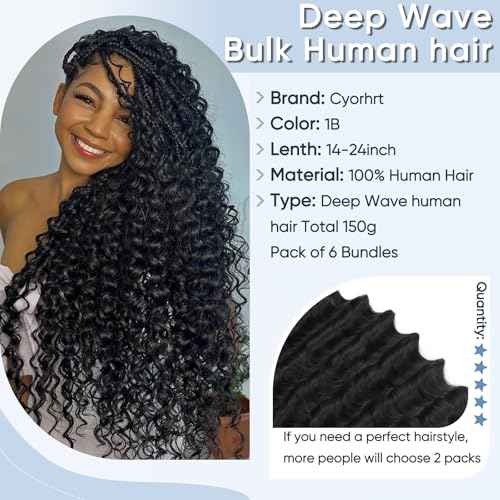 Human Braiding Hair for Boho Braids,150g 20 inch 6 Bundles Deep water Wave Bulk Boho Curly Human Hair for Braiding,Natural Color No Weft 12A Wet and Wavy Human Knotless Braiding Hair Extensions