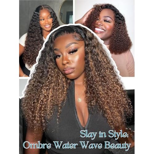 12A Brown Ombre Human Hair Bundles Water Wave 24 Inch, Chestnut Ombre Brown Wet n Wavy Single Bundle with Dark Roots 3 Tone Color #T1B/2/30 Thick Sew In Weave Remy Hair Keep Soft After Washes