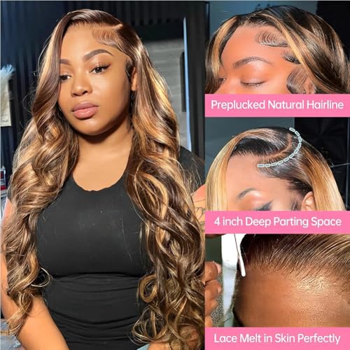 Ombre Human Hair Wig 13x4 Body Wave Lace Front Wigs Human Hair Honey Blonde Wig Human Hair Pre Plucked with Baby Hair 200 Density 4/27 Highlight Glueless Wigs for Black Women 28 Inch