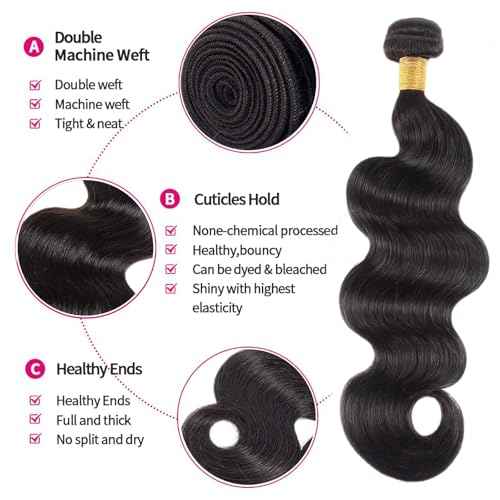 Body Wave Bundles Human Hair 16 18 20 Inch Human Hair 3 Bundles 100% Unprocessed Brazilian Raw Weave Bundle Human Hair Extensions for Black Women Natural Color