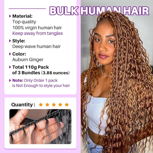 Human Braiding Hair for Boho Braids, Deep Wave Bulk Boho Braids Human Hair for Knotless Curly Bohemian Water Wave Braiding 110g 24 Inch Auburn Ginger (3 No Weft Bundles/Pack)