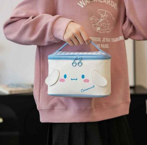 Many Rainbows Cinnamoroll PU Cosmetic Bag Makeup Pouch Travel Portable Vanity Case Organizer with Handle - White