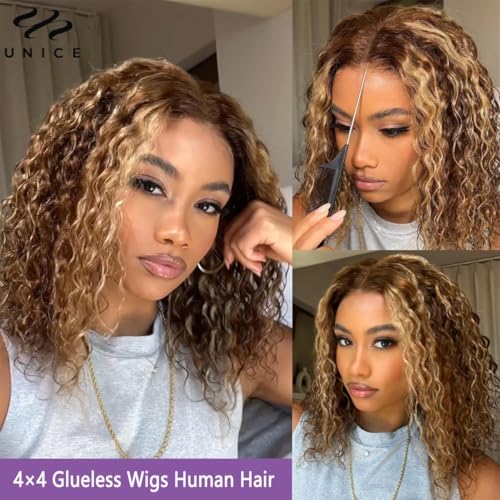 Glueless Wigs Human Hair Pre Plucked Pre Cut 4/27 Highlight Ombre Honey Blonde Curly Bob Wig for Beginners 4x4 Deep Wave Lace Closure Glueless Wigs for Black Women 14 Inch