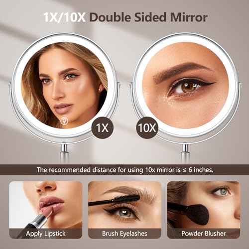 Lighted Makeup Mirror, Rechargeable Height Adjustable Double Sided, 1x/10x Magnifying with 3 Color, Brightness Adjustable, 360¡Æ Rotation Vanity, Gift for Women