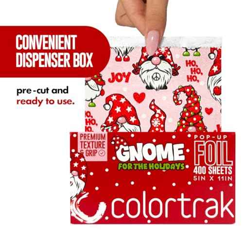 Colortrak Gnome for the Holidays Pop-up Foil W/Dispenser (400 Count), Pre-cut Sheets, Non-Slip Embossed Texture, 5" x 11" Sheets for Hair Foil Coloring and Highlighting Sheet Applications