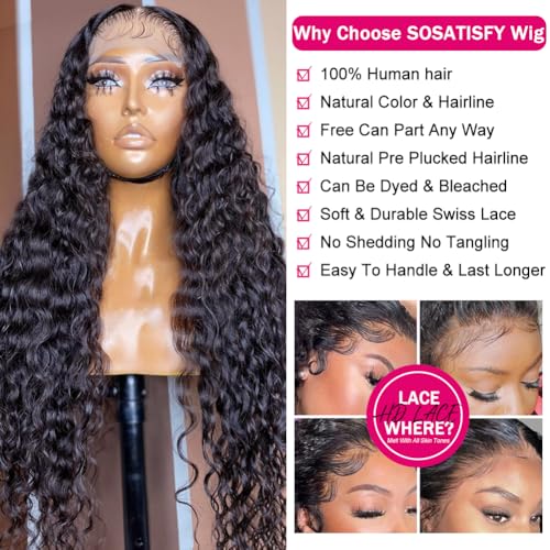 SOSATISFY Deep Wave Lace Front Wigs Human Hair 4x4 HD Transparent Lace Closure Wigs Glueless 180% Density Human Hair Wigs for Black Women Pre Plucked with Baby Natural Hairline (20 inch)