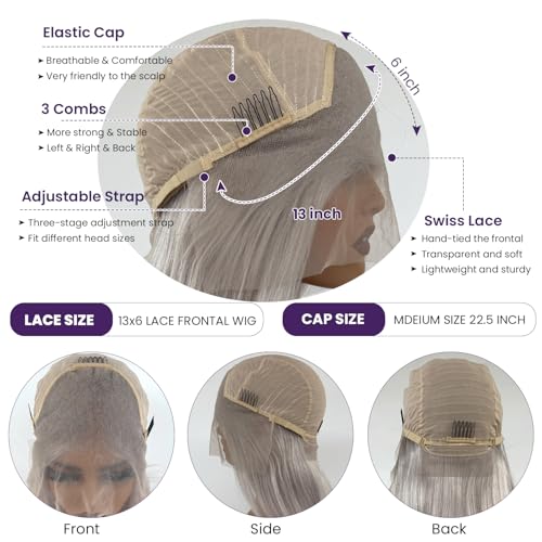 Ubetta Grey Wig Human Hair, 13x6 Grey Lace Front Wigs Human Hair Pre Plucked Glueless HD Lace Front Silver Gray Wigs for Black Women 180% Density 18 Inch Straight Colored Gray Lace Frontal Wig