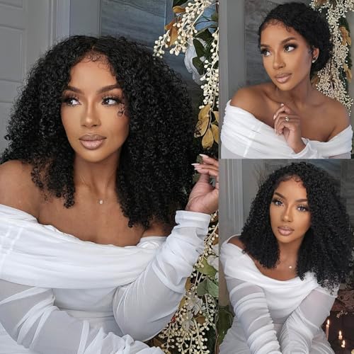 BEAUDIVA Kinkycurly Wig Human Hair 13x6 Lace Front Wigs Human Hair Afro Kinky Curly Wig 16 inch Pre Plucked 180% Density Black Jerry Curly Afro Kinky-Curly Natural Hairline Bouncy Thick Average Size