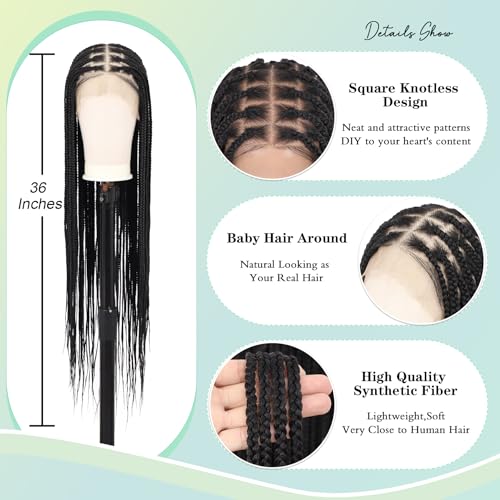 Braided Wigs for Women Knotless Braided Lace Front Wigs with Baby Hair Box Braid Wig 13x8 Inches HD Lace Frontal Black Braided Wigs 36 inches