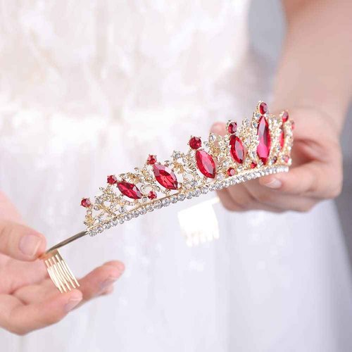 Wekicici Red Crystal Tiara with Comb Wedding Red Crown Princess Queen Headband for Brides Hair Accessories for Women Halloween Birthday Costume Party Pageant