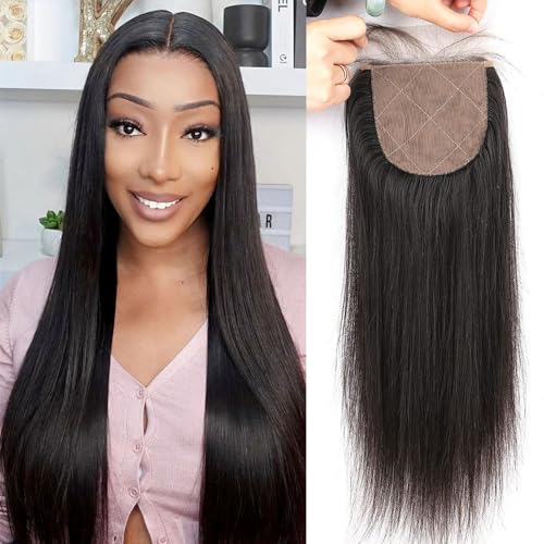 4x4 Silk Base Lace Closure with Baby Hair Pre Plucked Brazilian Virgin Straight Natural Black Color Human Hair Free Part Toppers Closure For Women (16inch)