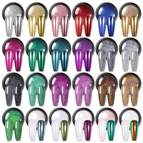 BORN PRETTY Holographic Nail Powder Mirror Metallic Powder Pigment Gold Silver Red Purple Blue Green 24 Colors Manicure Nail Art Decoration Sets for Christmas Gifts