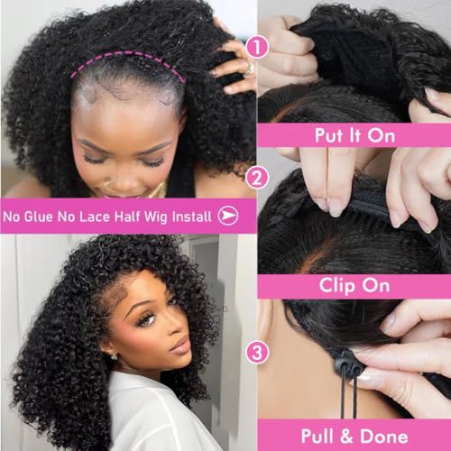 Kinky Curly Half Wig Human Hair Wear Go Glueless Wigs 16 Inch Curly 3 In 1 Half Wigs for Black Women Drawstring Seamless Flip Headband Wig Human Hair Beginner Friendly