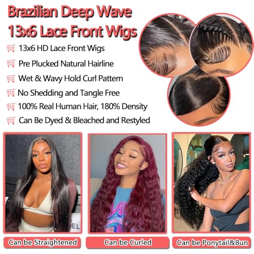 13x6 HD Lace Front Wigs Human Hair 180% Density Deep Wave Lace Front Wig Human Hair Pre Plucked Brazilian Virgin Curly Transparent Frontal Wigs Human Hair for Women 22 Inch