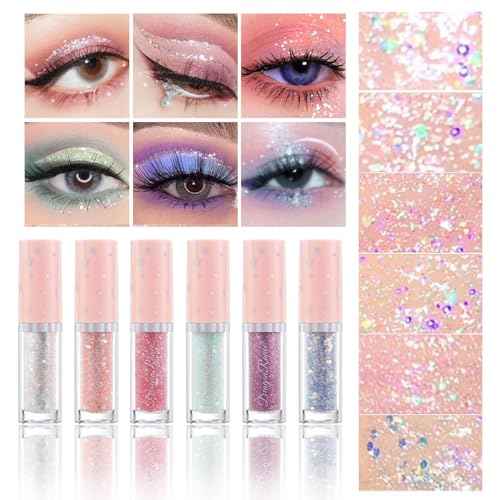 BONNIE CHOICE 6Pcs Liquid Glitter Eyeshadow Eyeliner, Korean Makeup Glitter Shinning Eye Liner Long Lasting Quick Drying Pigmented Loose Bling Under Eye Shadow Makeup Christmas Day Gifts for Women
