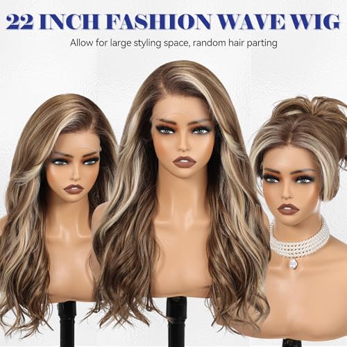 HAIRCUBE 13x6 HD Lace Front Wig Synthetic 22 Inch Brown Highlight Long Wave Layered Glueless Wig for Women, Natural Look Daily Wear
