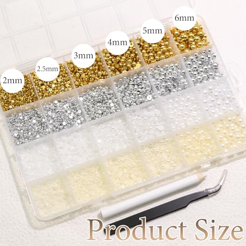 RODAKY Gold&Silver Nail Charms and Beads Gems 2-6mm Half Round Flatback Nail Pearls Beads for Nails,Flatback Rhinestones Jewels for Junk Case Kit Crafting Face Hair Manicure DIY