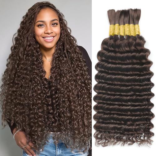 Human Braiding Hair for Boho Braids 150g 20 Inch 6 Bundles/Pack Dark Brown Human Hair Deep Wave Bundles Boho Hair for Braiding 12A Knotless Human Hair Braiding Hair Curly Hair Extensions 2#