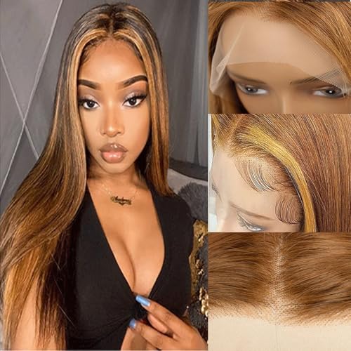 Highlight 13x4 HD Lace Front Wigs Human Hair 4/27 Honey Blonde Straight Transparent Lace Front Wigs Pre Plucked 12A Ombre Wigs Human Hair for Women 180% Density 22 Inch