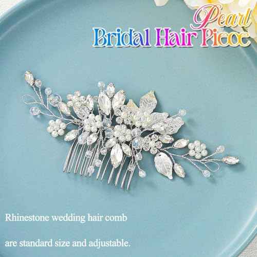 Gorais Leaf Bride Wedding Hair Comb Pearl Bridal Hair Piece Crystal Side Comb Hair Accessories for Women and Girls
