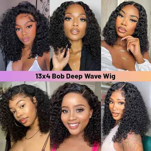 Short Bob Deep Wave Lace Front Wigs Human Hair 13x4 HD Lace Front Wigs Human Hair Pre Plucked Wet and Wavy Wigs for Women 180% Density Deep Curly Hair Wigs with Baby Hair